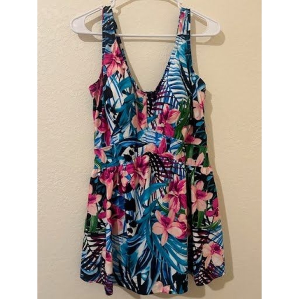 Le Cove Women 20W Tropical Floral Swimdress One Piece Swimsuit Blue Pink Palm